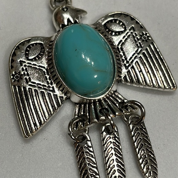 Turquoise Stone Feather Silver Bird Earrings - Picture 15 of 16